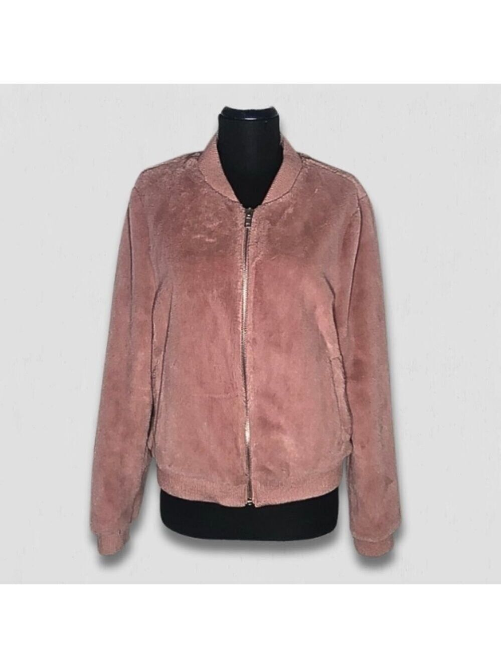Pink faux-fur bomber jacket zip knit cuffs boho Y2K preppy grunge fairy soft L